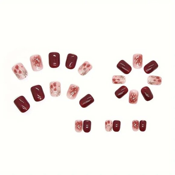 Nails Red Floral Press On 24 Glossy Style  Manicure Sexy Glam Stylish Reusable - Picture 3 of 5